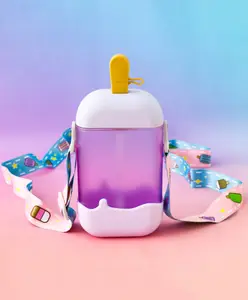 Fab N Funky Kids Straw Water Bottle with Shoulder Strap 400ml - Purple| BPA-Free, Leak-Resistant & Freezer Safe | School Sipper Bottle for Boys & Girls