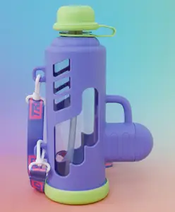 Fab N Funky Bazooka Style Kids Straw Water Bottle 680 ml - Purple| BPA Free| Freezer Safe & Leak-Resistant| School Sipper Bottle with Straw & Carry Strap for Boys & Girls