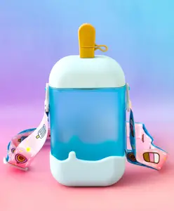 Fab N Funky Kids Straw Water Bottle with Shoulder Strap 400ml - Blue| BPA-Free, Leak-Resistant & Freezer Safe | School Sipper Bottle for Boys & Girls