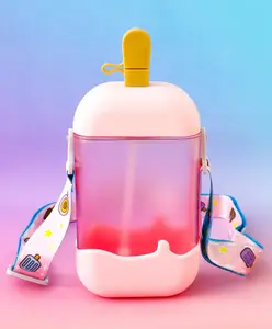 Fab N Funky Kids Straw Water Bottle with Shoulder Strap 400ml - Pink| BPA-Free, Leak-Resistant & Freezer Safe | School Sipper Bottle for Boys & Girls