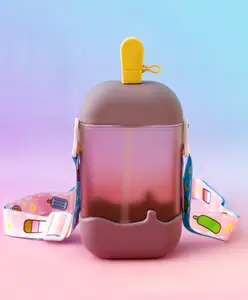 Fab N Funky Kids Straw Water Bottle with Shoulder Strap 400ml - Brown| BPA-Free, Leak-Resistant & Freezer Safe | School Sipper Bottle for Boys & Girls