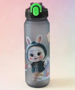 Fab N Funky Kids Water Bottle with Straw 900 ml - Cute Cartoon Print - Black| BPA Free| Leak-Resistant & Freezer Safe| Flip Lock Bottle with Carry Tag for Boys & Girls