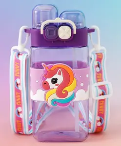 Fab N Funky Unicorn Kids Straw Water Bottle 550 ml - Purple| Dual Drinking Option (Straw & Spout)| Leak-Resistant| BPA Free & Freezer Safe| Sipper Bottle for School & Travel for Boys & Girls