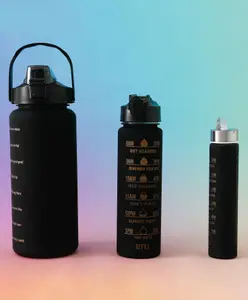 Fab N Funky Motivational Gradient Sports Water Bottle Combo - Pack of 3 (2000ml + 900ml + 300ml) - Black | Time Marker| Leak-Resistant| Freezer-Safe| Stylish Bottles| for School, Gym & Travel