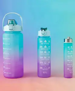 Fab N Funky Motivational Gradient Sports Water Bottle Combo - Pack of 3 (2000ml + 900ml + 300ml) - Blue & Purple| Time Marker| Leak-Resistant| Freezer-Safe| Stylish Bottles| for School, Gym & Travel