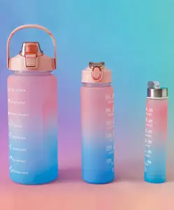 Fab N Funky Motivational Gradient Sports Water Bottle Combo - Pack of 3 (2000ml + 900ml + 300ml) - Pink & Blue| Time Marker| Leak-Resistant| Freezer-Safe| Stylish Bottles| for School, Gym & Travel