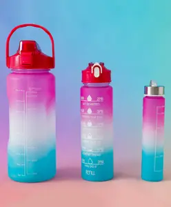 Fab N Funky Motivational Gradient Sports Water Bottle Combo - Pack of 3 (2000ml + 900ml + 300ml) - Fuchsia & Blue| Time Marker| Leak-Resistant| Freezer-Safe| Stylish Bottles| for School, Gym & Travel