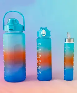 Fab N Funky Motivational Gradient Sports Water Bottle Combo - Pack of 3 (2000ml + 900ml + 300ml) - Blue & Orange| Time Marker| Leak-Resistant| Freezer-Safe| Stylish Bottles| for School, Gym & Travel