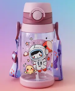 Fab N Funky Space Astronaut Print Kids Straw Sipper Bottle 500 ml - Purple| BPA-Free| Leak resistant| School Water Bottle for Boys & Girls| Stylish Flip Lid| Straw & Shoulder Strap