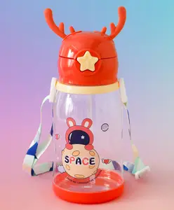 Fab N Funky Space Theme Kids Straw Sipper Bottle 600 ml - Red| BPA-Free| Leak resistant| School Water Bottle for Boys & Girls| Stylish Flip Lid| Straw & Shoulder Strap