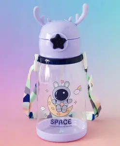 Fab N Funky Space Theme Kids Straw Sipper Bottle 600 ml - Purple| BPA-Free| Leak resistant| School Water Bottle for Boys & Girls| Stylish Flip Lid| Straw & Shoulder Strap