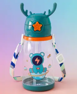 Fab N Funky Space Theme Kids Straw Sipper Bottle 600 ml - Blue| BPA-Free| Leak resistant| School Water Bottle for Boys & Girls| Stylish Flip Lid| Straw & Shoulder Strap