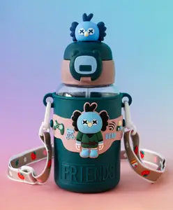 Fab N Funky Kids Straw Water Bottle with Shoulder Strap 600ml - Green| BPA-Free, Leak-Resistant & Freezer Safe| Cartoon Design Bottle| School Sipper Bottle for Boys & Girls