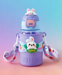Fab N Funky Kids Straw Water Bottle with Shoulder Strap 600ml - Purple| BPA-Free, Leak-Resistant & Freezer Safe| Cartoon Design Bottle| School Sipper Bottle for Boys & Girls