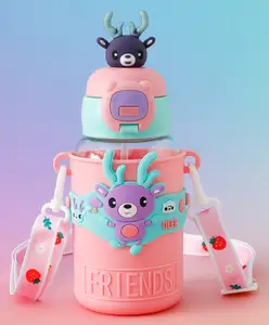 Fab N Funky Kids Straw Water Bottle with Shoulder Strap 600ml - Pink| BPA-Free, Leak-Resistant & Freezer Safe| Cartoon Design Bottle| School Sipper Bottle for Boys & Girls