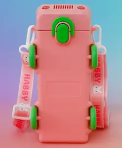 Fab N Funky Bus-Shaped Kids Water Bottle 560 ml with Straw & Spout Lid - Pink | Leak-Resistant BPA Free Freezer Safe Sipper Bottle for School & Travel