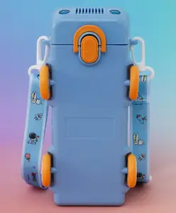 Fab N Funky Bus-Shaped Kids Water Bottle 560 ml with Straw & Spout Lid -Blue | Leak-Resistant BPA Free Freezer Safe Sipper Bottle for School & Travel