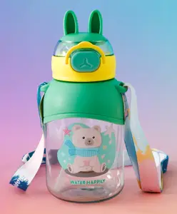Fab N Funky Kids Straw Water Bottle with Shoulder Strap 650ml - Green| BPA-Free, Leak-Resistant & Freezer Safe| Cartoon Print| School Sipper Bottle for Boys & Girls