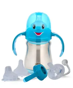 Adore Elegance- 3 Stage Stainless Steel Character Hood Feeding Bottle with Twin Handle 150ml Blue