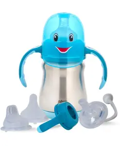 Adore Elegance- 3 Stage Stainless Steel Character Hood Feeding Bottle with Twin Handle 250ml Blue