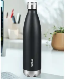 Borosil Bolt Matte Stainless Steel 24 Hours Hot & Cold Double Wall Vacuum Insulated Bottle for Office School College & Gym 1 Year Warranty Black - 500 ml