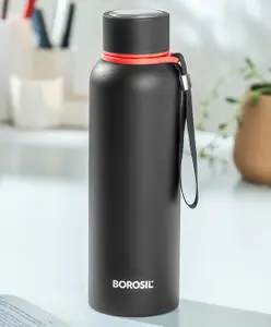 Borosil Trek Made in India 20 Hrs Hot & 24 Hrs Cold Double Wall Vacuum Insulated Stainless Steel Bottle for Travel & Office Use, 1 Year Warranty Black - 700 ml
