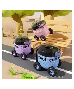 SCHOOLISH Cute Cartoon design 550ml Water Bottle with Straw and Strap Dual Compartments Leak-Proof Plastic Drinking Cup for School Sport Travel - PACK OF 1 - COLOR MAY VARY