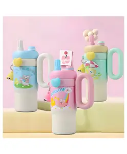 SCHOOLISH 850ML Fancy Kitchen Kids Tumbler Double-Walled Travel Mug, Stainless Steel Vacuum Insulated Cup - Leak Proof - Cartoon Character Design with Straw, BPA Free - PACK OF 1 - COLOR MAY VARY