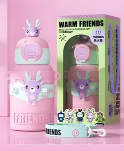 SCHOOLISH Cartoon Doll 450ml 316 Stainless Steel Insulated Thermos Flask for Children, Portable Straw Insulated Bottle- PACK OF 1 - PINK