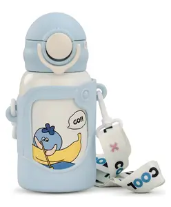SCHOOLISH Kids Water Bottle, Cartoon Theme, 316 Stainless Steel, With Straw, Silicone Sleeve, 360° Sealing, Insulated(550ML)- PACK OF 1- BLUE