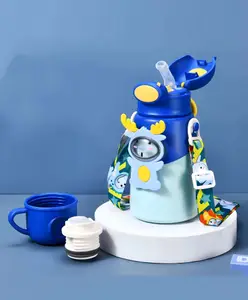 SCHOOLISH 2-in-1 Sipper Cum Bottle Flask with Straw & Cup Kids Water Bottle Stainless Steel 316 Insulated, Leak-Proof, BPA-Free - PACK OF 1-(Blue Reindeer - 550 ml)