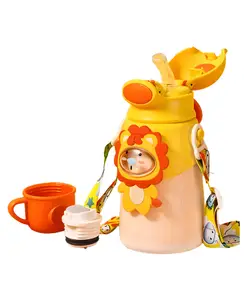 SCHOOLISH 2-in-1 Sipper Cum Bottle Flask with Straw & Cup Kids Water Bottle Stainless Steel 316 Insulated, Leak-Proof, BPA-Free - PACK OF 1 - (Yellow Lion - 550 ml)