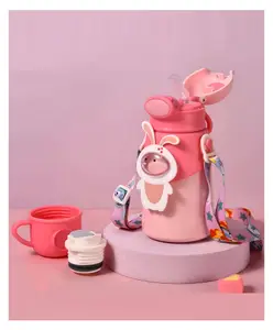 SCHOOLISH 2-in-1 Sipper Cum Bottle Flask with Straw & Cup Kids Water Bottle Stainless Steel 316 Insulated, Leak-Proof, BPA-Free -PACK OF 1 - (Pink Rabbit - 550 ml)