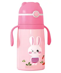 SCHOOLISH Cartoon 480ml Portable Double-Wall Vacuum Baby Straw Cup Stainless Steel Insulated Bottle Children's Straw- PACK OF 1 - PINK