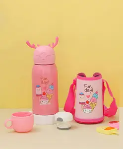 SCHOOLISH 500 ml Leakproof and Stainless Steel Cute Kids Water Bottles With Straw And Shoulder Strap Use for Outdoor Sports Travel and School(500ML)- PACK OF 1 - PINK