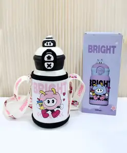 SCHOOLISH Cute Cartoon Children's 500ml Stainless Steel Vacuum Insulated Mug with Straw Strap, Portable Outdoor Student Water Bottle(500ML)- PACK OF 1 - BLACK