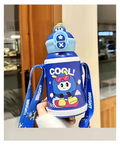 SCHOOLISH Cute Cartoon Children's 500ml Stainless Steel Vacuum Insulated Mug with Straw Strap, Portable Outdoor Student Water Bottle(500ML)- PACK OF 1 - BLUE