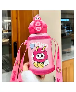 SCHOOLISH Cute Cartoon Children's 500ml Stainless Steel Vacuum Insulated Mug with Straw Strap, Portable Outdoor Student Water Bottle(500ML)- PACK OF 1 - PINK
