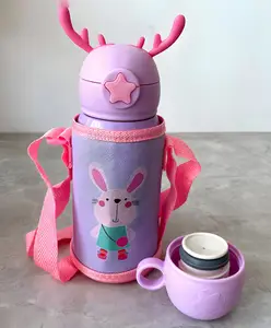 SCHOOLISH 500 ml Leakproof and Stainless Steel Cute Kids Water Bottles With Straw And Shoulder Strap Use for Outdoor Sports Travel and School(500ML)- PACK OF 1 - PURPLE