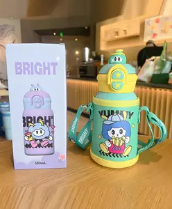 SCHOOLISH Cute Cartoon Children's 500ml Stainless Steel Vacuum Insulated Mug with Straw Strap, Portable Outdoor Student Water Bottle(500ML)- PACK OF 1 - GREEN