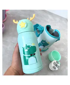 SCHOOLISH 500 ml Leakproof and Stainless Steel Cute Kids Water Bottles With Straw And Shoulder Strap Use for Outdoor Sports Travel and School 500 ml Pack of 1 - Green