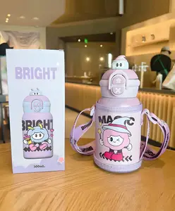 SCHOOLISH Cute Cartoon Children's 500ml Stainless Steel Vacuum Insulated Mug with Straw Strap, Portable Outdoor Student Water Bottle PP+ 316 SUS Pack of 1 - Purple