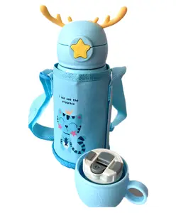 SCHOOLISH 500 ml Leakproof and Stainless Steel Cute Kids Water Bottles With Straw And Shoulder Strap Use for Outdoor Sports Travel and School Pack of 1 - Blue