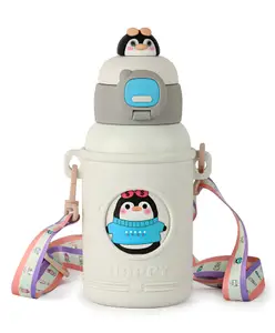 SCHOOLISH Cute Insulated Water Bottle with Straw Strap Kids,Metal Cups for Hot and Cold Drinks,BPA Free Thermoses Leak-proof Flask for Boys and Girls School Indoor Outdoor Sports Light Peach- 500 ml