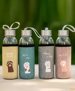 Flaze Stylish Glass 300 Ml Water Bottles with Cute Animal Paw Designs and Leak-Proof Steel Cap with Carrying Strap Perfect for Daily Use - Pack of 1 - ( Color May Vary )