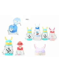 SANJARY 600 ml Kids Water Bottle with Push Button Sipper, Cute Cartoon Design, Leakproof Plastic, Neck Strap, School Travel Drinking Bottle - Color Design May Vary