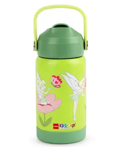 Cello Kidzbee Gen Alpha 3D Tinker Bell Print Insulated Stainless Steel Kids Water Bottle Olive Green - 370 ml