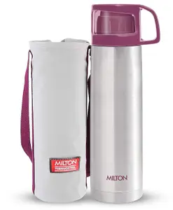 Milton Glassy 1000 Thermosteel 24 Hours Hot and Cold Water Bottle with Drinking Cup Lid, 1 Litre, Pink