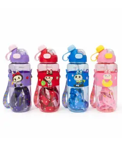 Sanjary Kids Cartoon Print Plastic Sipper Water Bottle with Straw 750ml, Leakproof Flip Lid, Carry Strap, Lightweight, Durable for School Use color design may vary