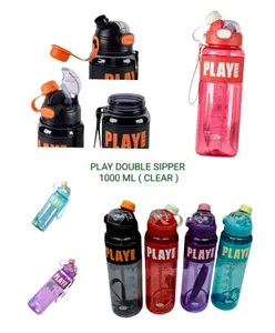 Sanjary Play Double Sipper 1000ml Sports Water Bottle with Straw, Leakproof Flip Lid, Carry Strap, Durable, Lightweight, Clear Design color design may vary